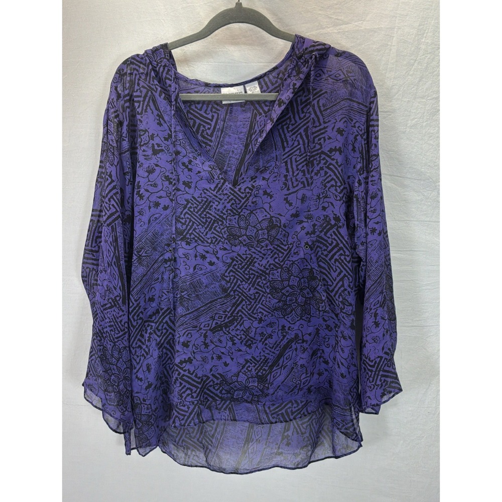 VTG Chico's Silk sheer Hooded popover purple black floral abstract size 3 XL